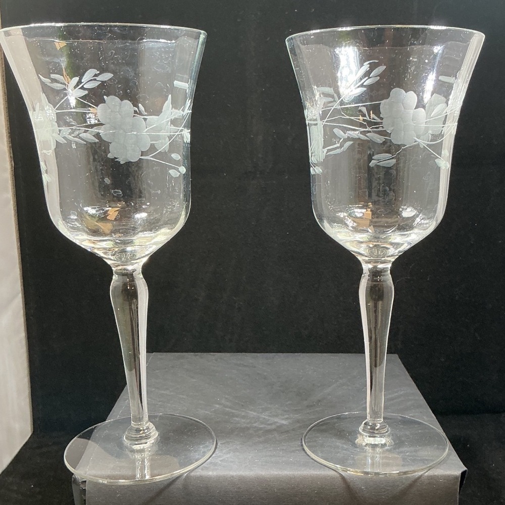 Colony Glass Danube Etched Floral Wine Goblets MCM Hand Blown Elegant Glass